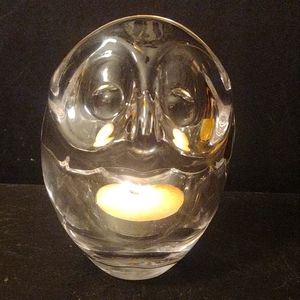 Art Vannes France Crystal OWL Votive Tealight Candle Holder w/Sticker Signed